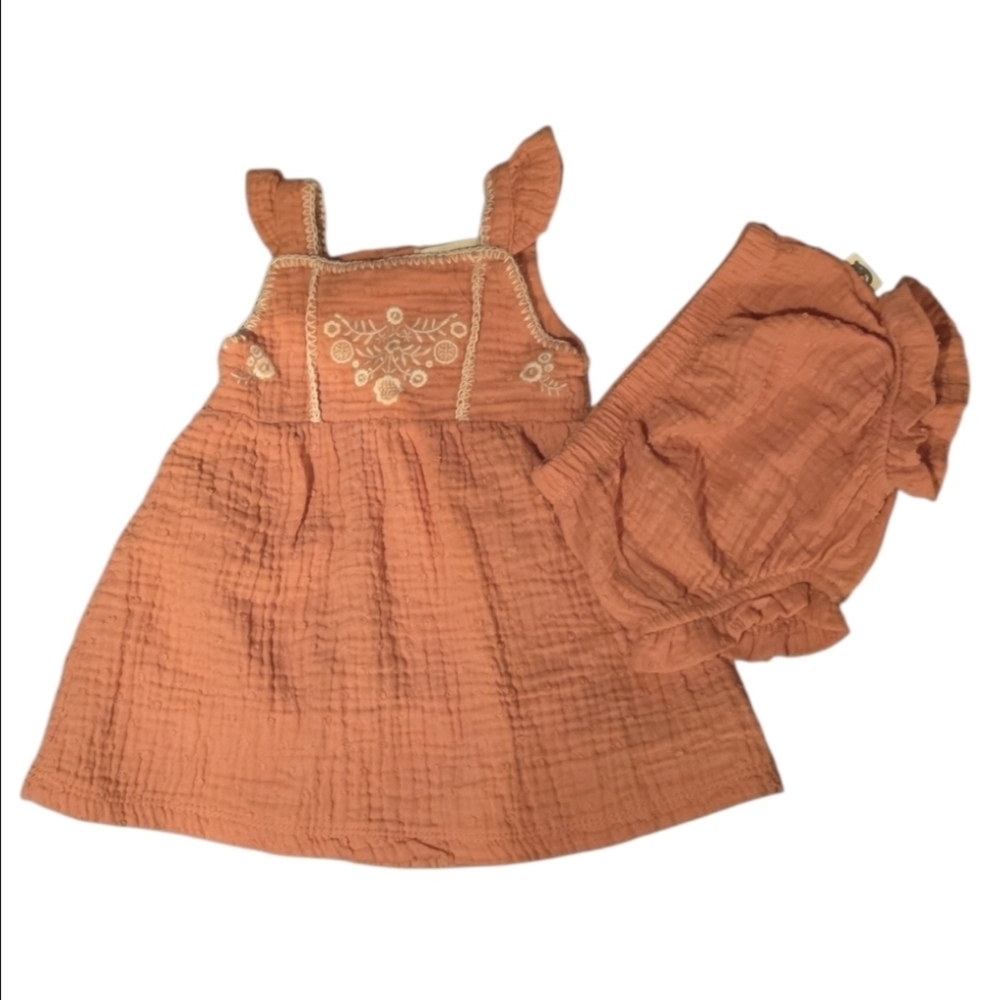 Rabbit + Bear Peach Baby Sleeveless Dress with Bloomers - size 3-6mos